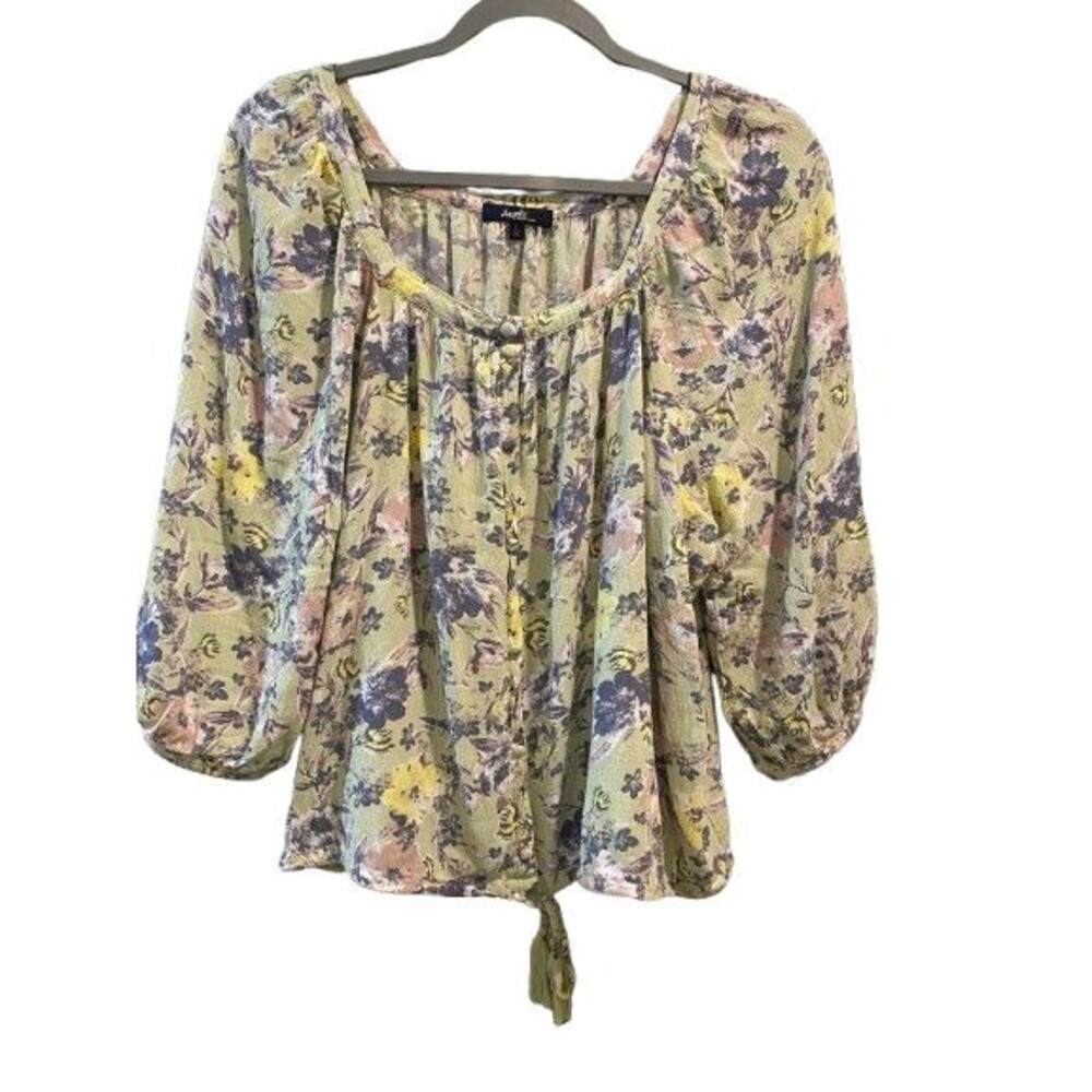 Women's Large Blouse Angels Forever Young 3/4 Sleeve Peasant Green Floral Boho